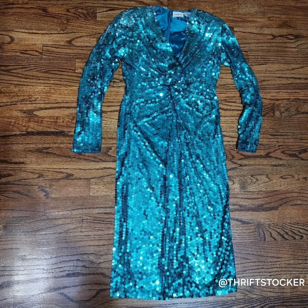 Vintage 80s Oleg Cassini Sequin Teal Dress - Picture 4 of 8